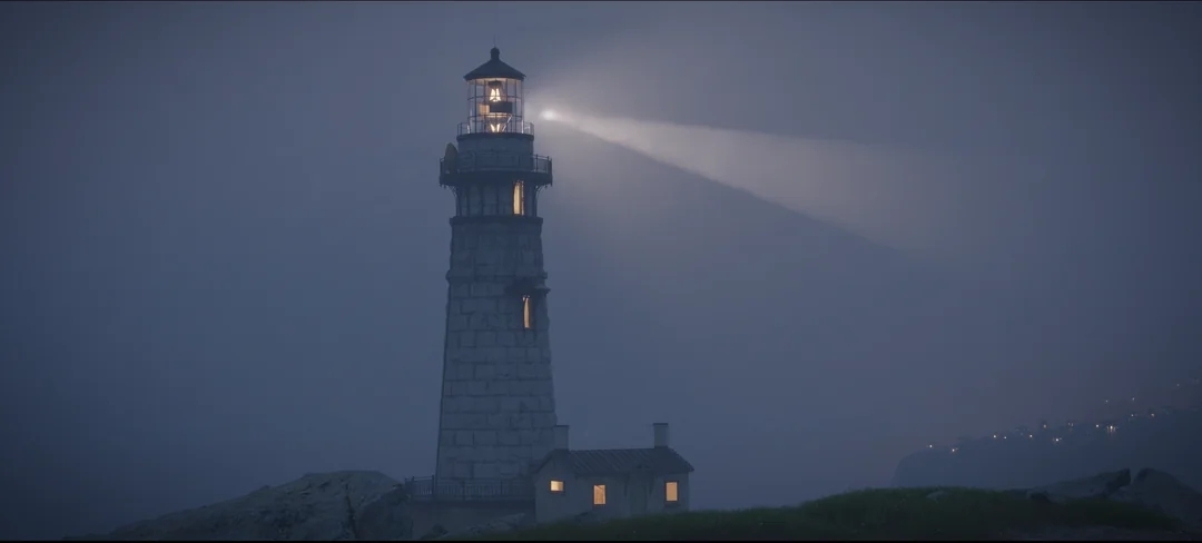 A lighthouse beam cutting through fog at night